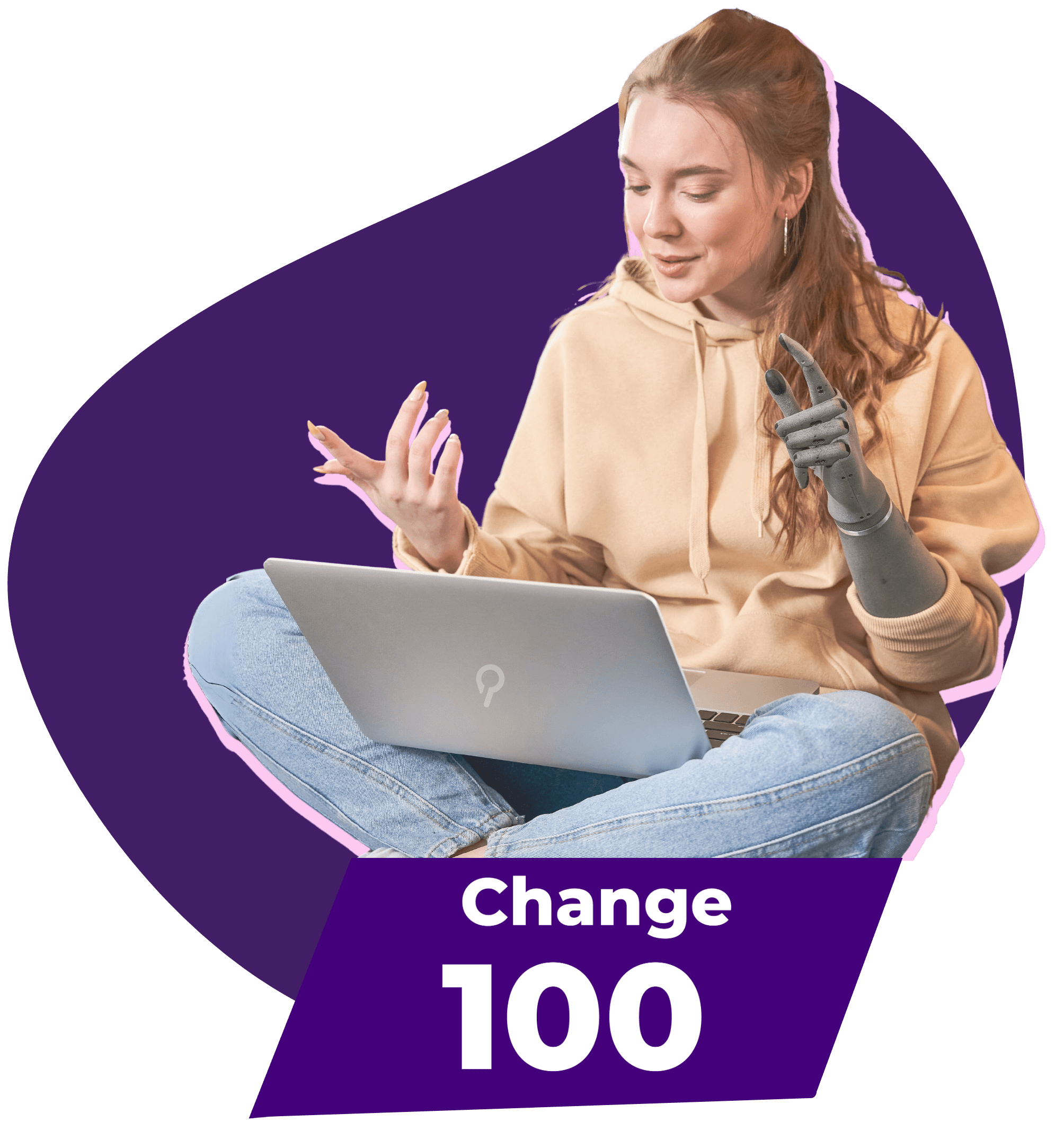 A young woman with a prosthetic arm gesturing while working on a laptop above the Change 100 logo